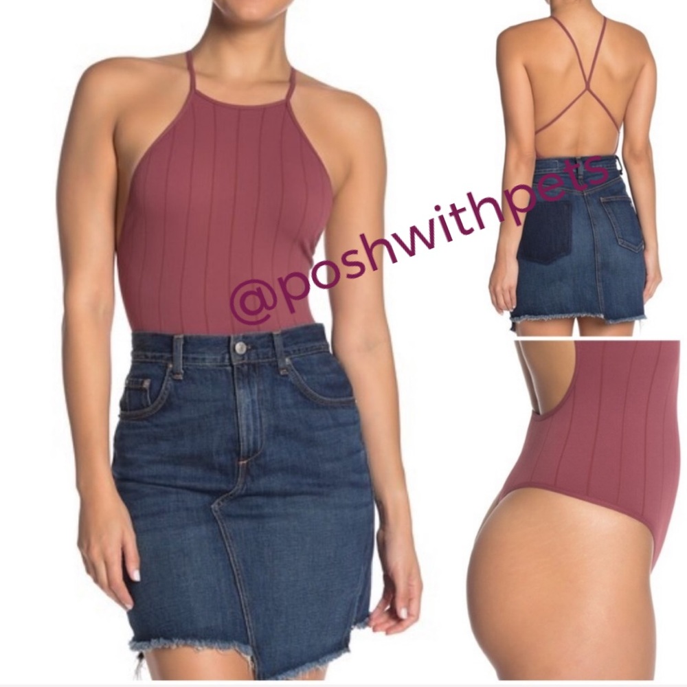 Free People NWT Bridget Square Neck Halter Top Bodysuit Wine Intimately Free New